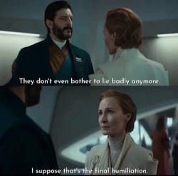 Scene from the second season of "Andor", two Galactic Senators discuss the actions of the authotarian government.