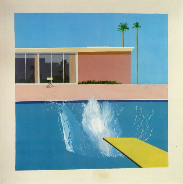 "A Bigger Splash", a painting by David Hockney, showing a diving board above a pool with a splash of water below it. Behind the pool is a mid-century modern home and palm trees.
